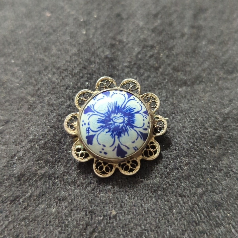 Vintage 835 Silver Dutch Delft Blue Holland Flower Floral Statement Brooch Pin